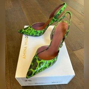 Amina Muaddi Holliayer green snake skin sling back heels sz 37